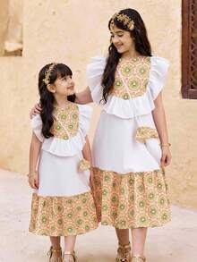 Tween Girl Elegant Crew Neck Pattern Ruffle Hem Sleeveless Dress - White - View 2