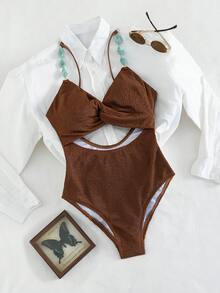 Swim Chiccia Women's Elegant Chocolate Brown One-Piece Swimsuit,Twisted Front Deep V-Neck Cutout,Turquoise Beaded Straps,Summer Casual Holiday Vacation Swimwear - Brown - View 3