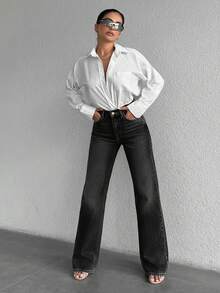 100%Cotton Solid Slant Pocket Casual Straight Leg Jeans - Dark Grey - View 3