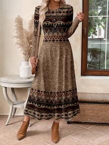 EMERY ROSE 女士几何印花圆领长袖休闲连衣裙，适合度假穿着 - 彩色 - 查看 6