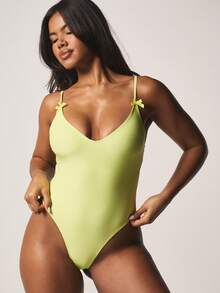 MISSGUIDED Plunge Neck One Piece Swimsuit With Bow Detail Spaghetti Straps V Neckline High Cut Leg Summer Beach Monokini - Yellow - View 1