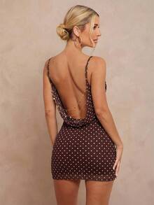 Lumalex Women's Sexy Polka Dot Print Backless Spaghetti Strap Mini Dress, Spring Summer Modest Old Money Coquette Glitter Holiday Party Outfit Rave Festival Outing Swim Vacation Bohemian BOHO Hot Outdoor Richly Layered Wedding Season Banquet Coming Of Age Ceremony Beach Seaside 1pc Women Asymmetric Ruched Bodycon Mini Dress Luxury Prom Christmas New Year - Brown - View 3