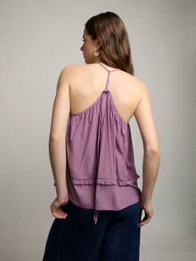 Nöista Loose, Flowy Halter Top In Mauve Shade. Features A Gathered Neckline, Lightweight Layered Fabric, And Mini Ruffle Trim Detail. Perfect For Spring , Spring Breaks, Spring , Casual, Or Vacation Looks. - Purple - View 2