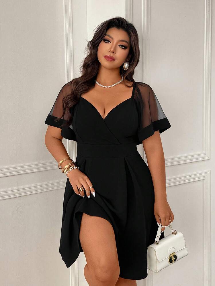 Femmeverse Vestido de línea A con parches de malla para mujer talla grande, estilizador y elegante - Negro - Añade 3