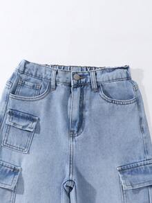 Tween Boy Cool Multi-Pocket Casual Street Style Drawstring Waist Washed Blue Denim Jeans - Light Wash - View 10