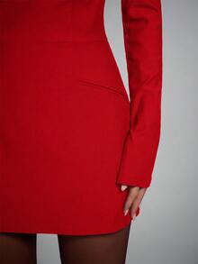 SHEIN BAE 优雅露肩纯色迷你连衣裙，通勤必备 - 紅色 - 查看 9