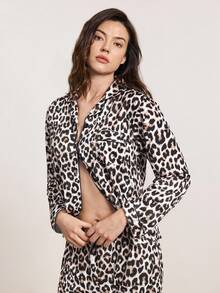 Hourtrue 2pcs/Set Leopard Print Texture Printed Women Loungewear Pajama Set, Long Sleeve Turndown Collar Top And Elastic Waist Loose Pants, Casual Pajamas And Home Wear For Ladies, All Season, Two Pieces Set, Fall Winter Clothes, Lounge Wear, Old Money Vibe, Elegant Outfitfor Summer - Black - View 1
