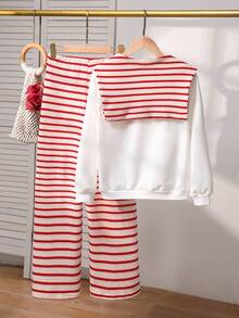 SHEIN Girls Oversized Hoodie + Striped Wide Leg Pants Set, Suitable For Spring And Autumn - Red - View 2