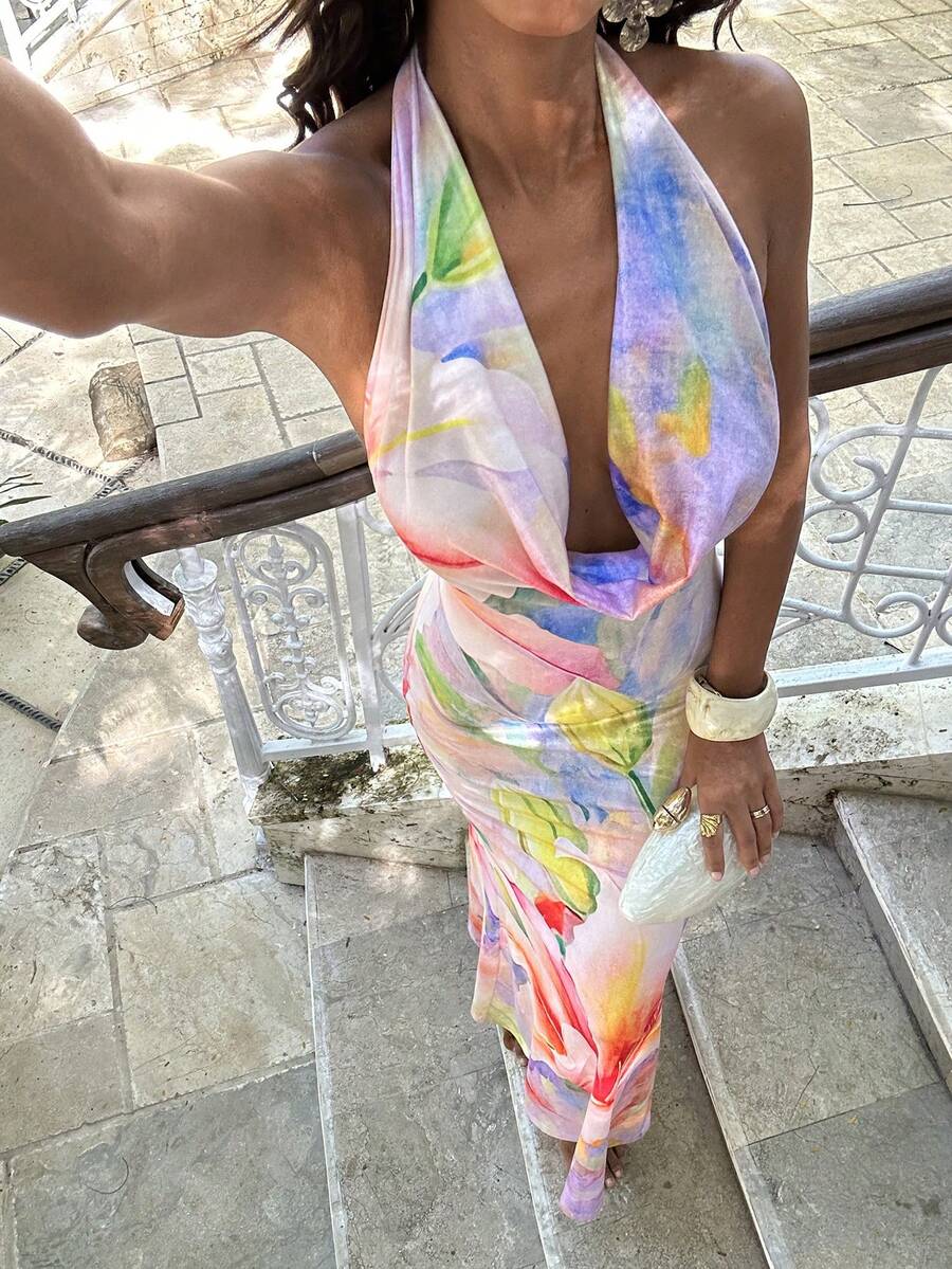 Opulessa 女士针织印花露背吊带连衣裙，春夏度假款 - 粉色 - 查看 1