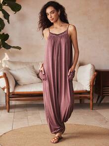 波西米亚风度假宽松舒适柔软褶皱弹力腰露背系带针织休闲口袋连体裤（女款） - 紅木色 - 查看 3