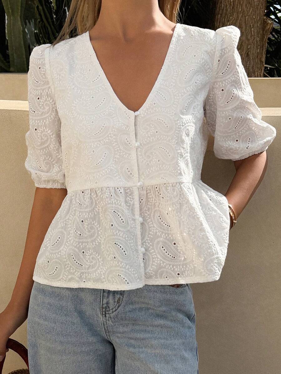 DAZY Women's Embroidered V-Neck Loose Casual Vacation Style Short Sleeve Blouse - White - View 1