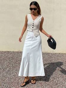 DAZY Women's Regular Waist Mermaid Maxi Denim Skirt, Elegant - White - View 4