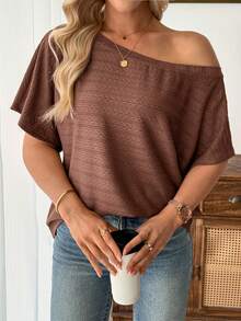 EMERY ROSE 大码女式蝙蝠袖休闲度假T恤 - 棕色 - 查看 3