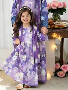 SHEIN 少女V领碎花休闲连衣裙配围巾 - 紫色 - 查看 6