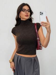 SHEIN Tall 女士秋冬短袖高领修身薄款抓绒针织衫，春夏皆宜 - 咖啡棕 - 查看 1