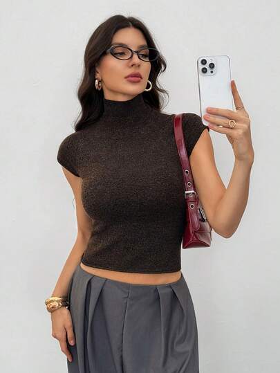 SHEIN Tall Women's Autumn/Winter Short Sleeve High Neck Tight Fitted Thin Fleece Knit Sweater, Versatile For Spring/Summer