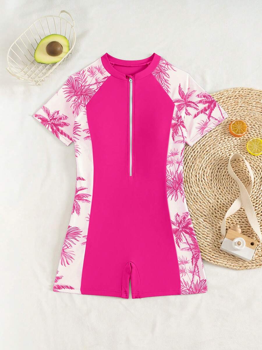 SHEIN 少女热带印花拼接拉链连体泳衣,适合夏季游泳和海滩穿着 - 玫紅色 - 查看 1