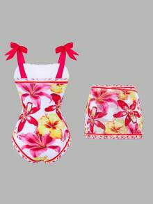 Breezaya Damen 2-teiliger Hibiskus Weiß Blumenmuster Neckholder Rückenfrei Badeanzug mit passendem Rock,Sommer Boho Urlaub Poolparty Hawaiianischer Vintage Strandurlaub - Verschiedenfarbig - Übersicht 4