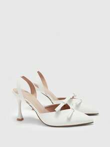 CUCCOO BIZCHIC Giày cao gót mũi nhọn màu trơn, trang trí nơ, thanh lịch, thích hợp đi làm. - trắng - Xem 2