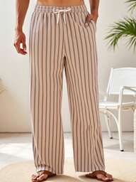 HIMLAND กางเกงลำลองขายาวลายทางพิมพ์ลาย มีกระเป๋า เอวยางยืด สไตล์ทอ สำหรับผู้ชาย