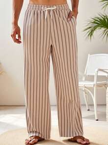 HIMLAND Pantalon décontracté à taille élastique tissée avec poches et imprimé rayé pour hommes