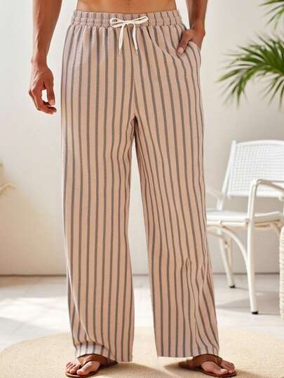 HIMLAND Pantalones casuales con cintura elástica tejida y bolsillos con estampado de rayas para hombres