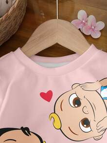 CoComelon X SHEIN Baby Girl Casual Cartoon Figure Graphic Crew Neck Sweatshirt, Autumn - White - View 3