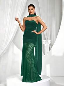 Coutiva 女士撞色蕾丝褶皱修身优雅正式晚礼服（缀饰繁复），情人节 - 墨綠色 - 查看 4