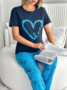 EURMUSE Cotton Line Women Heart Printed Comfy 2Pcs Pajama Set Short Sleeve And Pants - Blue - View 4