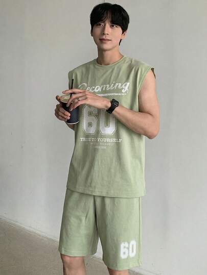 DAZY Conjunto de top de tirantes y pantalones cortos con estampado de letras verdes para hombres, primavera/verano