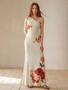 MOTF PREMIUM ELEGANT FLORAL PRINT ONE SHOULDER DRESS - Beige - View 5