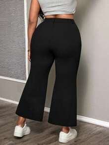 SHEIN PETITE CURVE 大码休闲纯色喇叭裤，适合日常生活、通勤、聚会、毕业典礼、办公室、约会、春季、外出等场合，女士休闲黑色裤子 - 黑色 - 查看 2