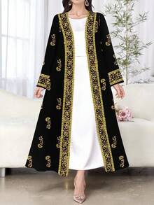 Al Najma 一件舒适保守的长款睡袍，传统印花复古连衣裙/碎花连衣裙，适合女性日常穿着、约会、休闲、派对、节日等场合。女士连衣裙，植物印花连衣裙，黑色连衣裙 - 黑色 - 查看 3