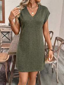 EMERY ROSE Solid Color V-Neck Casual Versatile Summer Short Sleeve Dress - Multicolor - View 5