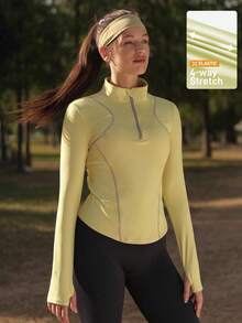 SHEIN In My Nature 女士半拉链高领短袖/长袖T恤，撞色缝线，适合徒步和露营等户外活动穿着 - 黃色 - 查看 1