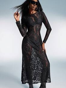 GENKIRA 黑色蕾丝拼接花卉饰边性感透视修身度假时尚长袖连衣裙 - 黑色 - 查看 4
