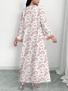 SHEIN Najma 大码女式花卉印花仿珍珠装饰V领长袖优雅阿拉伯风格长款连衣裙，春夏款 - 彩色 - 查看 2
