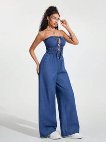 Jeanoix Bộ jumpsuit denim ống rộng gợi cảm, thắt dây phía trước, hở lưng, có bèo nhún dành cho nữ. - Màu xanh lam - Xem 4