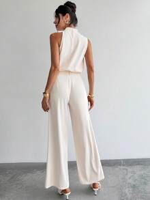 Firerie 女士优雅休闲通勤时尚褶皱领不对称无袖上衣和阔腿裤杏色两件套 - 杏色 - 查看 9