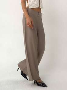 Aloruh Women's Casual Vacation Home Daily Pleated Linen Super Low Waist Loose Wide Leg Pants, Spring/Summer - Khaki - View 3