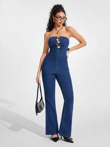 Jeanoix 前开衩牛仔连体裤 - 藍色 - 查看 4