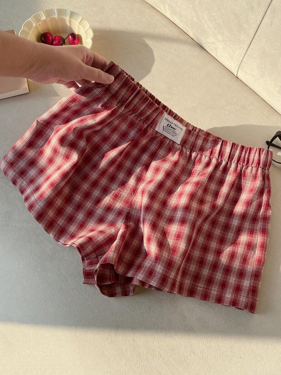 SHEIN EZwear Quần short ống rộng dệt kẻ caro đỏ dành cho nữ - Đỏ - Xem 1