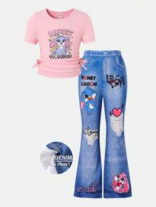 SHEIN 2pcs/Set Young Girls Light Pink Summer Cartoon Rabbit Print Short Sleeve Tee Top With Drawstring Sides And Graphic Flare Pants,Kids Fashionable Set - Pink - View 6