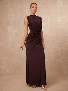 Lumalex 女士优雅棕色立领荷叶袖褶皱修身喇叭连衣裙，春夏款 - 棕色 - 查看 7