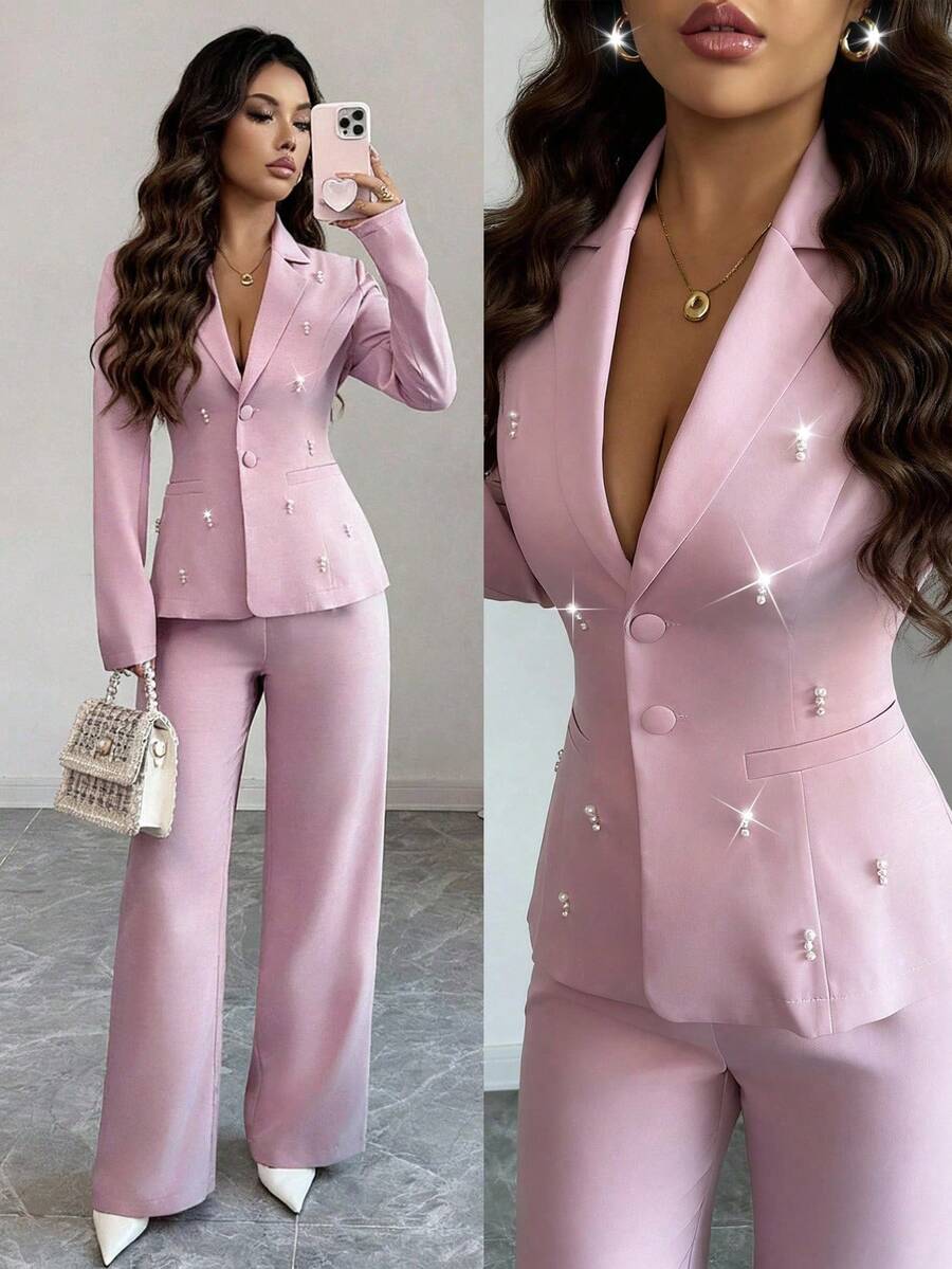 Elenzga Bộ vest thanh lịch dành cho nữ có cổ ve, tay dài, đính ngọc trai, áo suông và quần ống đứng - Hồng - Xem 1
