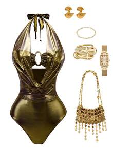 Swim SXY Women's One-Piece Swimsuit, 2026 New High-End Design, Metallic Accents, Halter Neck, Backless, Bodycon Fit, Suitable For Beach, Pool Party, Vacation - Bronze - View 3