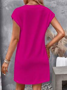 Lymera Spring/Summer New Fashionable & Elegant Button Design Round Neck Versatile Textured Mini Dress In Rose Red - Hot Pink - View 2