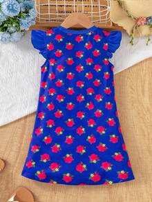 Vestido de manga volada para niña, estampado de patrón de princesa, patchwork de bloques de color, vestido floral, azul, adecuado para salidas y festivales, Ramadán Kareen - Multicolor - Ver 2