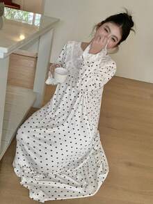 Dazy Plus Plus Size Women Heart & Floral Contrast Lace Elegant Long Nightgown - White - View 2