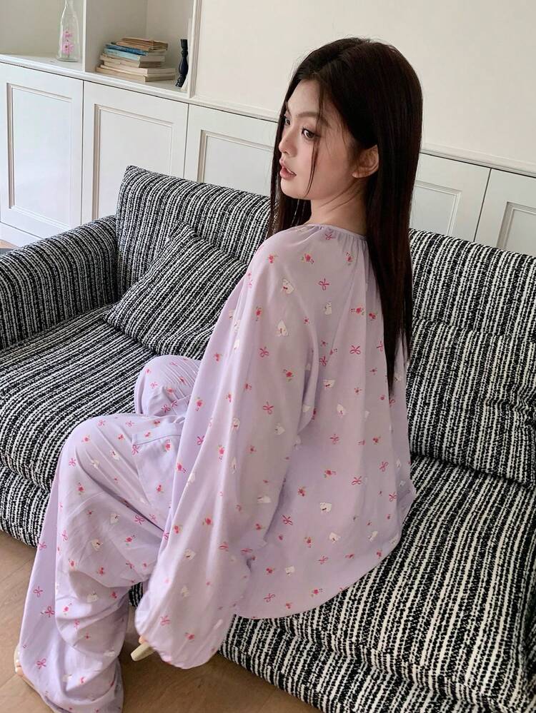 Dazy Plus 2pcs Cute Cartoon Print Loose Fit Sleepwear Set, Long Top And Pants, Spring/Summer/Autumn